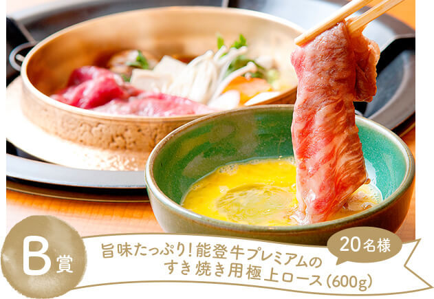 B賞 旨味たっぷり!能登牛プレミアムのすき焼き用極上ロース(600g) 20名様