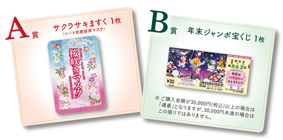 A賞 サクラサキますく1枚/B賞 年末ジャンボ宝くじ1枚