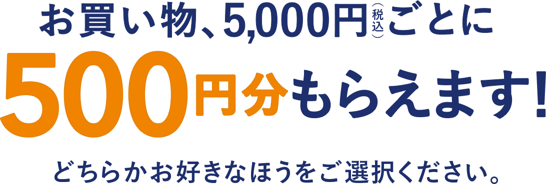 お買い物5,000円ごとに500円分もらえます!どちらかお好きなほうをご選択ください
